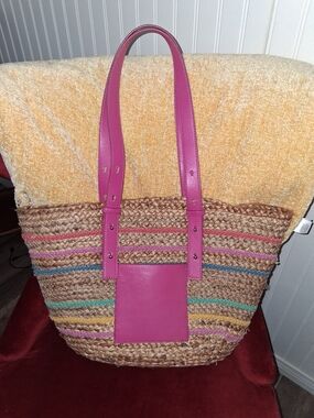 Source Unknown Pink-Accent Woven Straw Tote